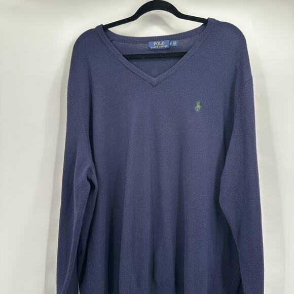 Polo Ralph Lauren Sweater Mens 2XL Big Navy Blue Merino Wool V Neck Pullover - Picture 2 of 8